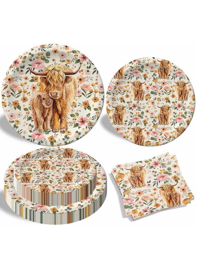 73Hours Highland Cow Party Plates Napkins, Boho Floral Highland Cow Baby Shower Decorations for 24 Guests, Disposable Tableware for Farmhouse Theme Birthday Party Supplies - Image 1