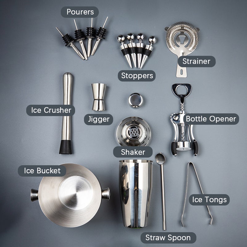 16pcs/set Mixology Bartender Kit Cocktail Shaker Set with 750ML Shaker/ Jigger/ Pourers/ Ice Crusher/ Ice Tongs/ Straw Spoon/ Strainer/ Bottle Opener/ Ice Bucket/ Stoppers Home Bar Tool for Drink - Image 2