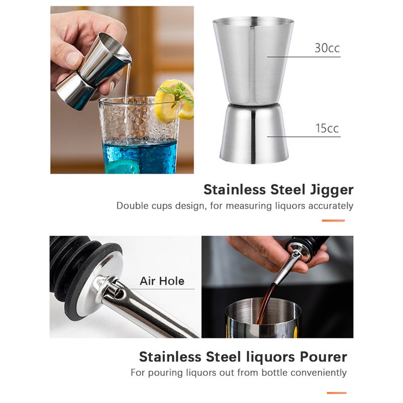 16pcs/set Mixology Bartender Kit Cocktail Shaker Set with 750ML Shaker/ Jigger/ Pourers/ Ice Crusher/ Ice Tongs/ Straw Spoon/ Strainer/ Bottle Opener/ Ice Bucket/ Stoppers Home Bar Tool for Drink - Image 4