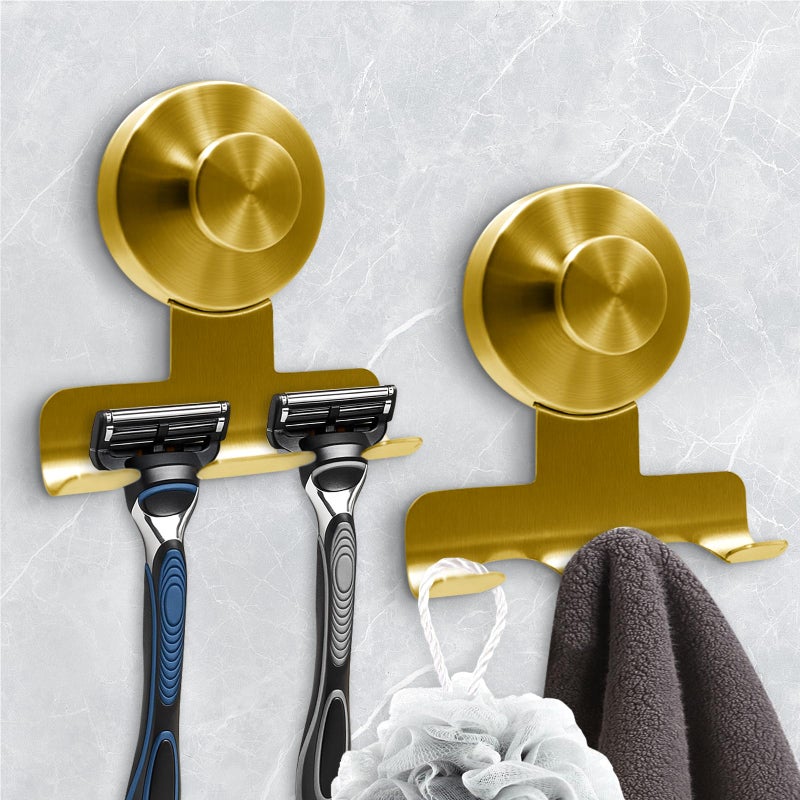 WingWider Suction Cup Razor Holder for Shower,Heavy-Duty 7KG Suction Hooks for Razor,Towel,Loofah,Removable Damage-Free Metal Shower Hook,Shaver Holder,2 Pack(Brushed Gold) - Image 1