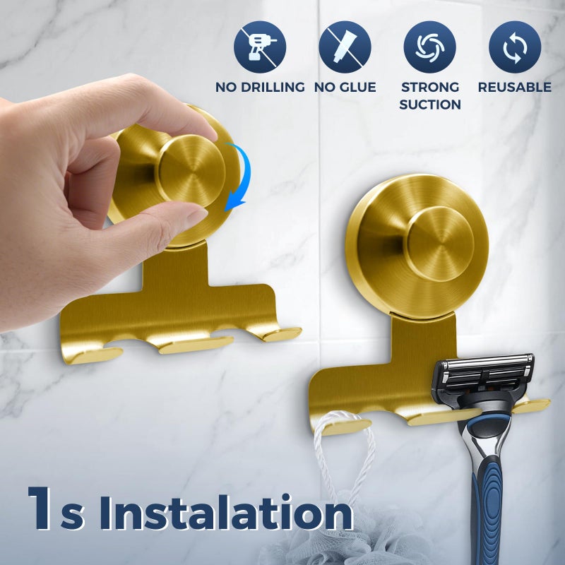 WingWider Suction Cup Razor Holder for Shower,Heavy-Duty 7KG Suction Hooks for Razor,Towel,Loofah,Removable Damage-Free Metal Shower Hook,Shaver Holder,2 Pack(Brushed Gold) - Image 2