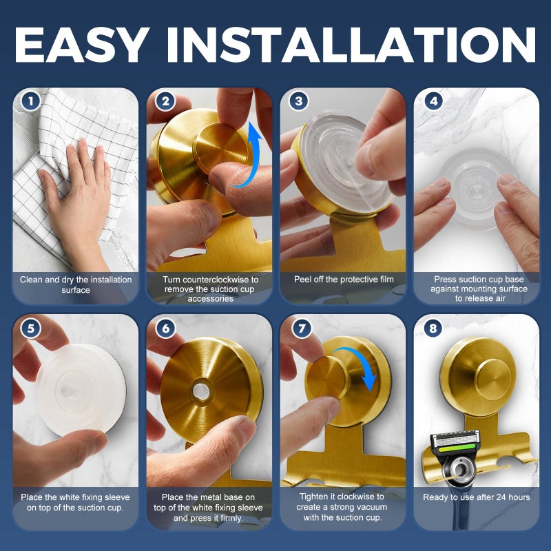WingWider Suction Cup Razor Holder for Shower,Heavy-Duty 7KG Suction Hooks for Razor,Towel,Loofah,Removable Damage-Free Metal Shower Hook,Shaver Holder,2 Pack(Brushed Gold) - Image 5