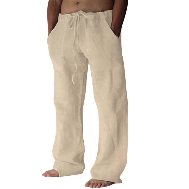 Puimentiua Cotton Linen Pants Men Casual Loose Fit Elastic Drawstring Waist Summer Beach Pants(Light Khaki, L) - Image 1