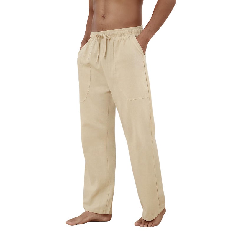 Puimentiua Cotton Linen Pants Men Casual Loose Fit Elastic Drawstring Waist Summer Beach Pants(Light Khaki, L) - Image 4