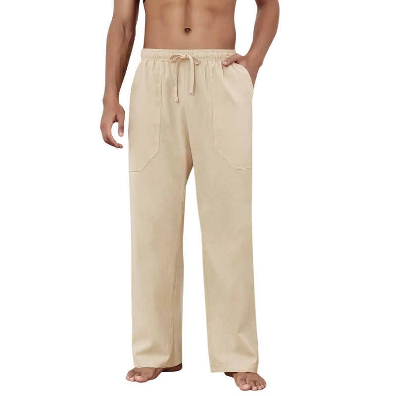Puimentiua Cotton Linen Pants Men Casual Loose Fit Elastic Drawstring Waist Summer Beach Pants(Light Khaki, L) - Image 2