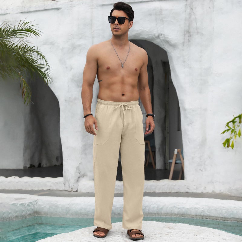 Puimentiua Cotton Linen Pants Men Casual Loose Fit Elastic Drawstring Waist Summer Beach Pants(Light Khaki, L) - Image 3