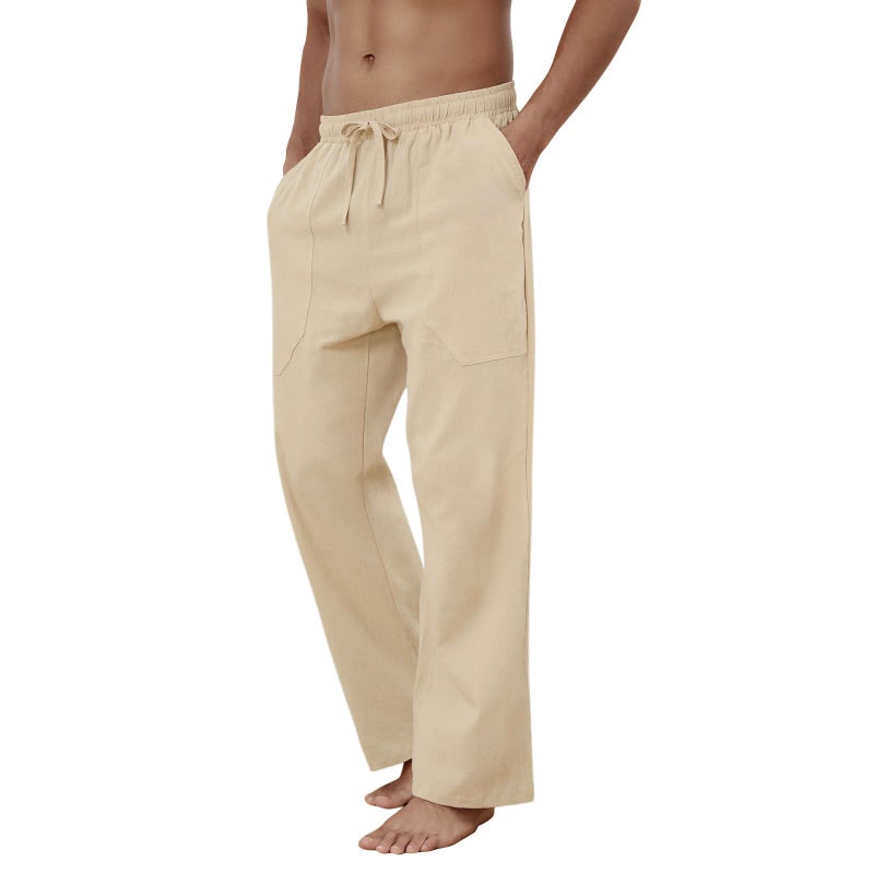 Puimentiua Cotton Linen Pants Men Casual Loose Fit Elastic Drawstring Waist Summer Beach Pants(Light Khaki, L) - Image 5