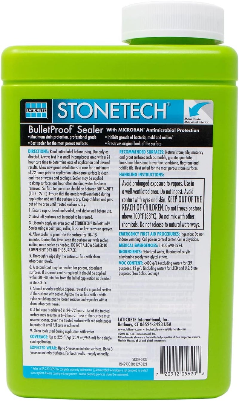 STONETECH BulletProof Sealer - 1 Quart (946ML) Water-Based Stain Protector for Natural Stone and Grout - Image 2