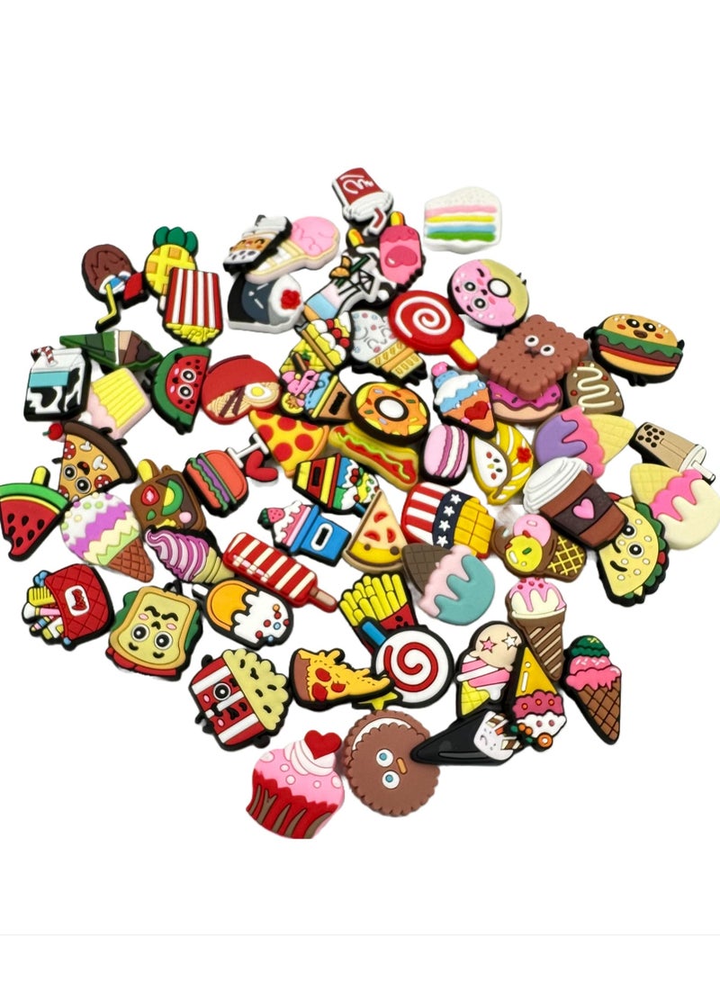Yummy Cup Cakes Donuts Ice Cream Pizza Designs Shoe Decoration Charms Crocs Shoes Slippers and Mini Charm Bracelet Wristband for Men Women and Kids (60 pieces) - Image 1