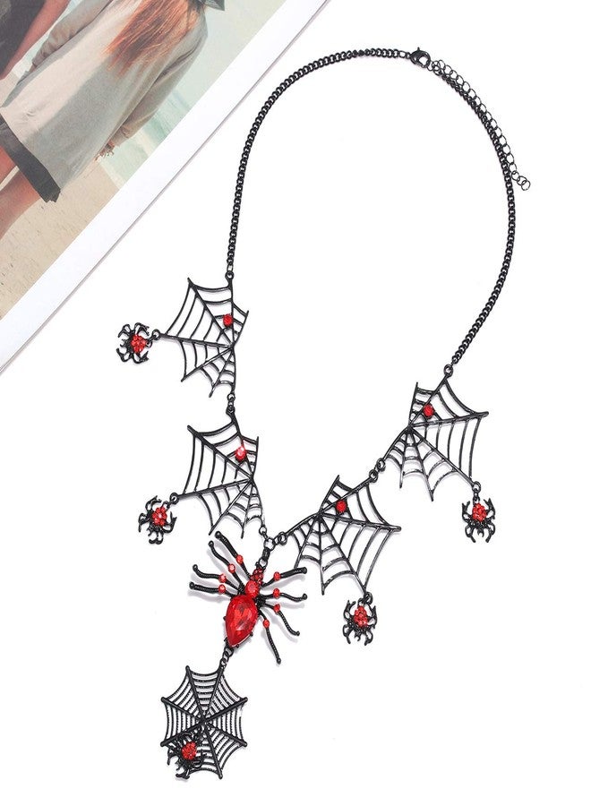 BVGA Halloween Spider Web Pendant Necklace Rhinestone Spiders Tarantula Charm Necklace Statement Choker Necklace for Women Party Accessory (Red Crystal Spider) - Image 2