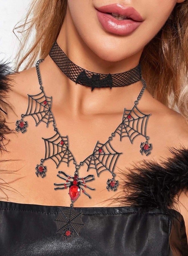 BVGA Halloween Spider Web Pendant Necklace Rhinestone Spiders Tarantula Charm Necklace Statement Choker Necklace for Women Party Accessory (Red Crystal Spider) - Image 4