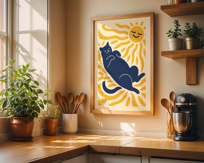 TNESSENTIAL Cat Matisse Print, Minimalist Sunbathing Cat Wall Art, Navy and Yellow Feline Poster, Modern Abstract Cat Illustration for Home Decor - Image 2