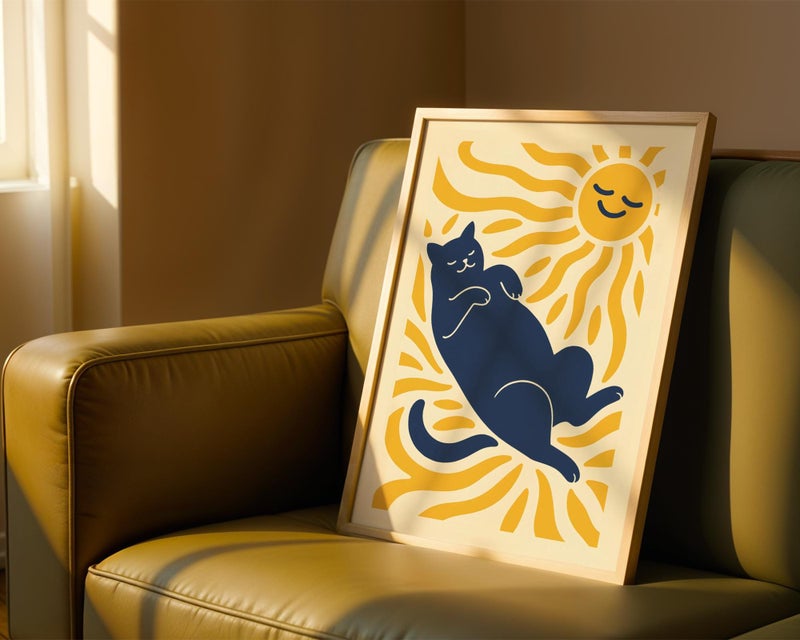 TNESSENTIAL Cat Matisse Print, Minimalist Sunbathing Cat Wall Art, Navy and Yellow Feline Poster, Modern Abstract Cat Illustration for Home Decor - Image 4