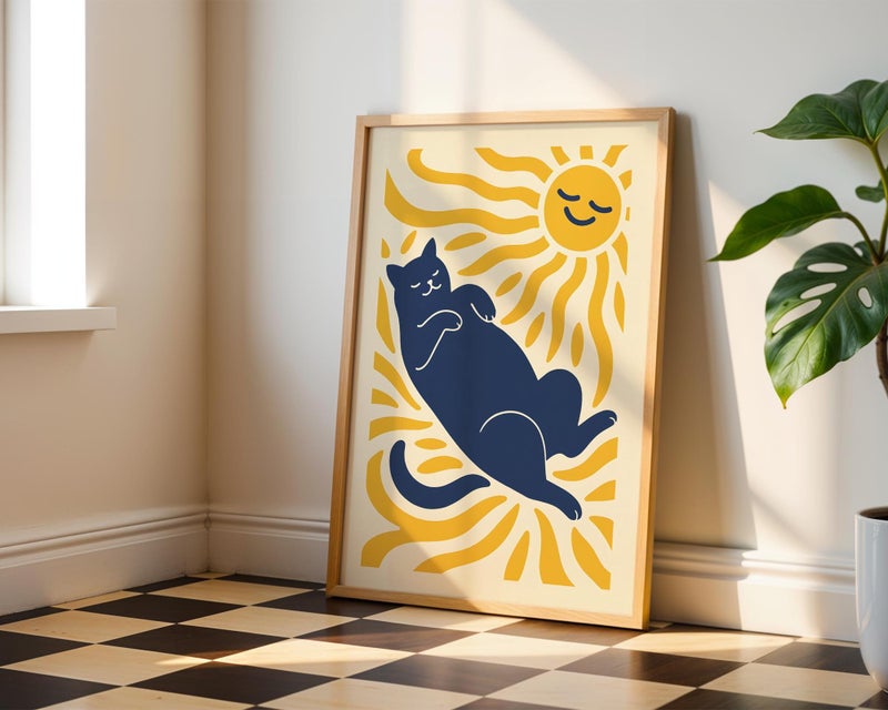 TNESSENTIAL Cat Matisse Print, Minimalist Sunbathing Cat Wall Art, Navy and Yellow Feline Poster, Modern Abstract Cat Illustration for Home Decor - Image 1