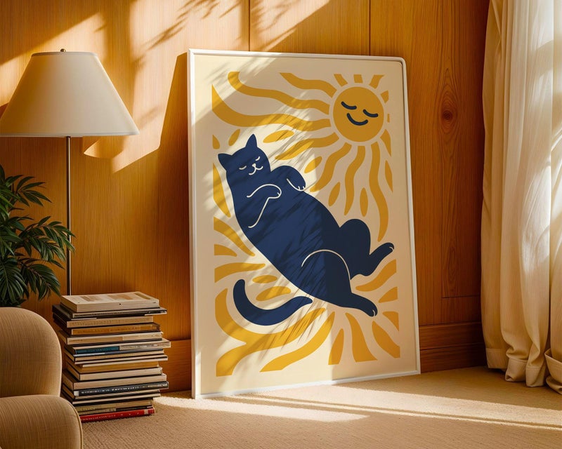 TNESSENTIAL Cat Matisse Print, Minimalist Sunbathing Cat Wall Art, Navy and Yellow Feline Poster, Modern Abstract Cat Illustration for Home Decor - Image 5