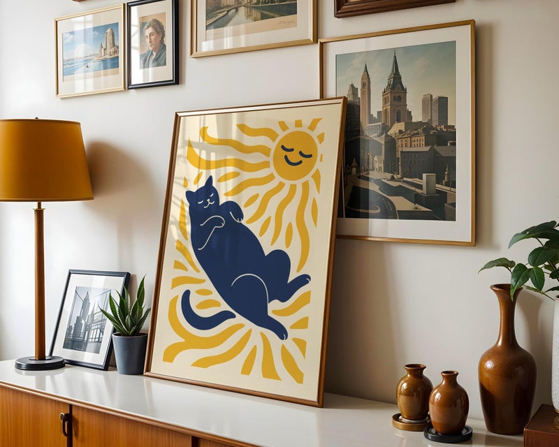 TNESSENTIAL Cat Matisse Print, Minimalist Sunbathing Cat Wall Art, Navy and Yellow Feline Poster, Modern Abstract Cat Illustration for Home Decor - Image 3