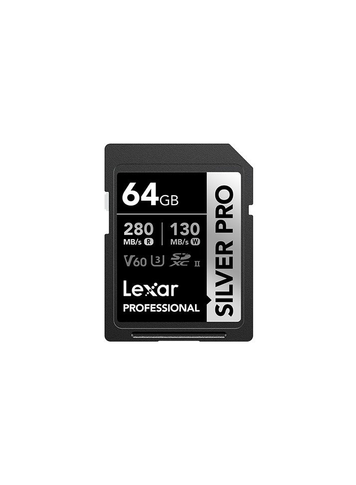 LEXAR PROFESSIONAL 64GB SILVER PRO SDXC UHS-II CARD, UP TO 280MB/S READ, 120MB/S WRITE, C10 U3 V60 - Image 1