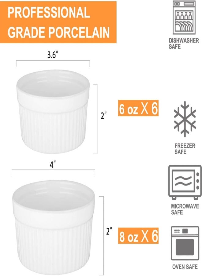 AKDC 12 Pack Porcelain Souffle Dish Ramekins For Baking – 6 Ounce X 6, 8 Ounnce X 6 - White Ramekins Bakeware Set Baking Cups For Creme Brulee Desserts Puddings Custard Ice Cream Lava Cake Snacks - Image 1