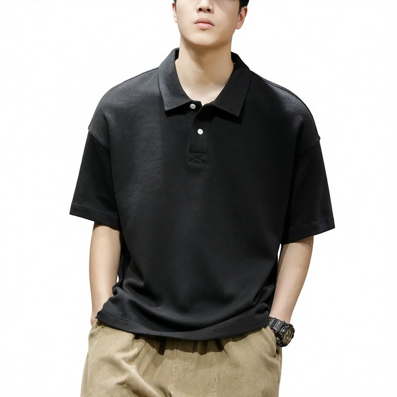 Men's Heavyweight Short Sleeve Polo Shirt Casual Loose Fit Turn-Down Collar Top
