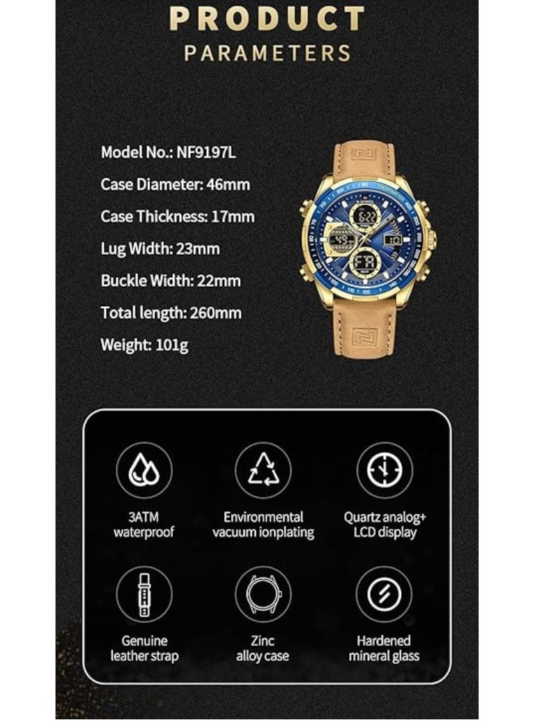 NAVIFORCE Men's Military Digital Watches Analog Quartz Waterproof Watch Sport Multifunctional Leather Chronograph Wristwatch NF9197L - Image 5