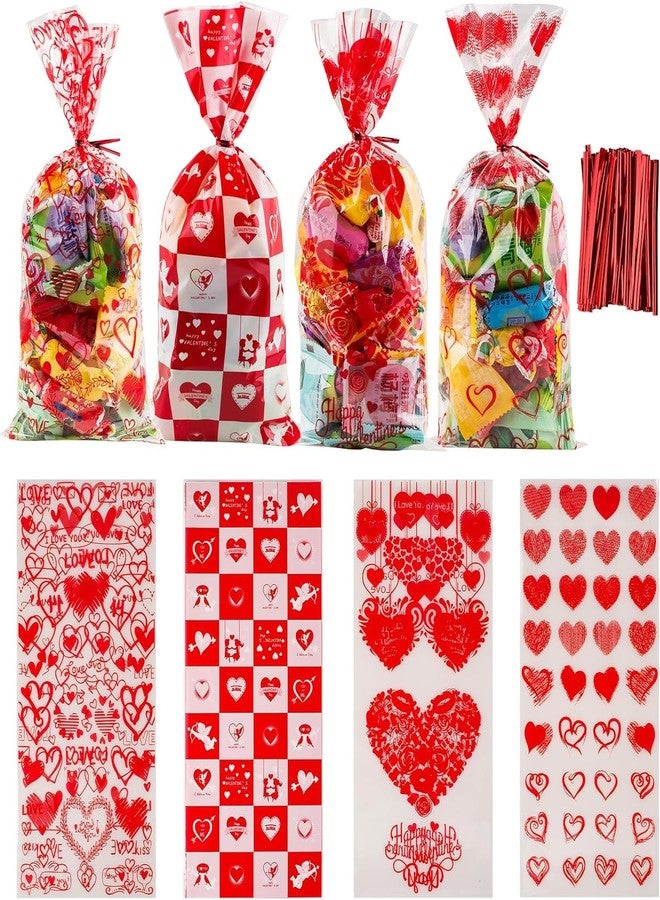 FloraSea 200 PCS Valentine's Day Cellophane Gift Bag,Valentine Day Gift Bag, Candy Bag with 4 Valentine's Themed Designs for Kids Party Favor, Classroom Exchange Prizes,Valentine's Goody Bag - Image 1