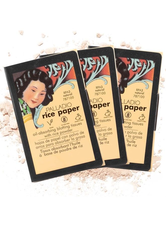 PALLADIO Rice Paper Facial Tissues for Oily Skin, Face Blotting Sheets Made from Natural Rice, Oil Absorbing Paper with Rice Powder, 2 Sided, Instant Results, Natural, 40 Count (Pack of 3) - Image 1