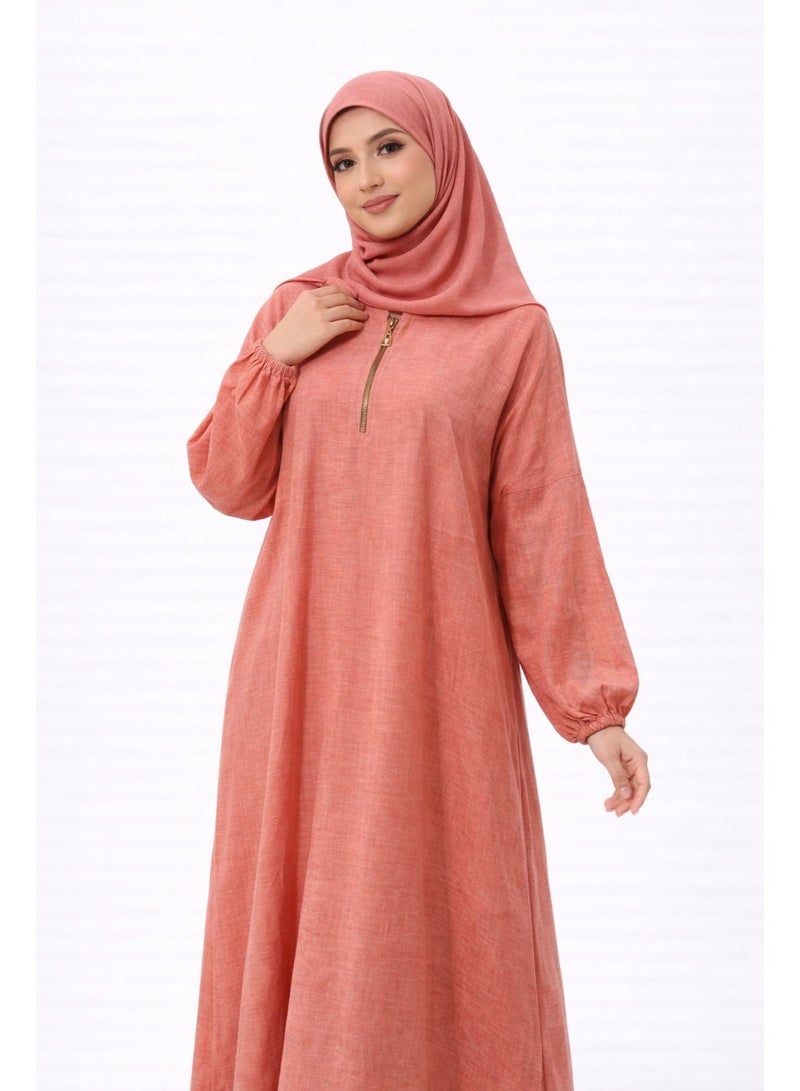 مزايا شرشف صلاة نسائي من الكتان البارد واسع محتشم بسحاب أمامي برتقالي - Image 1