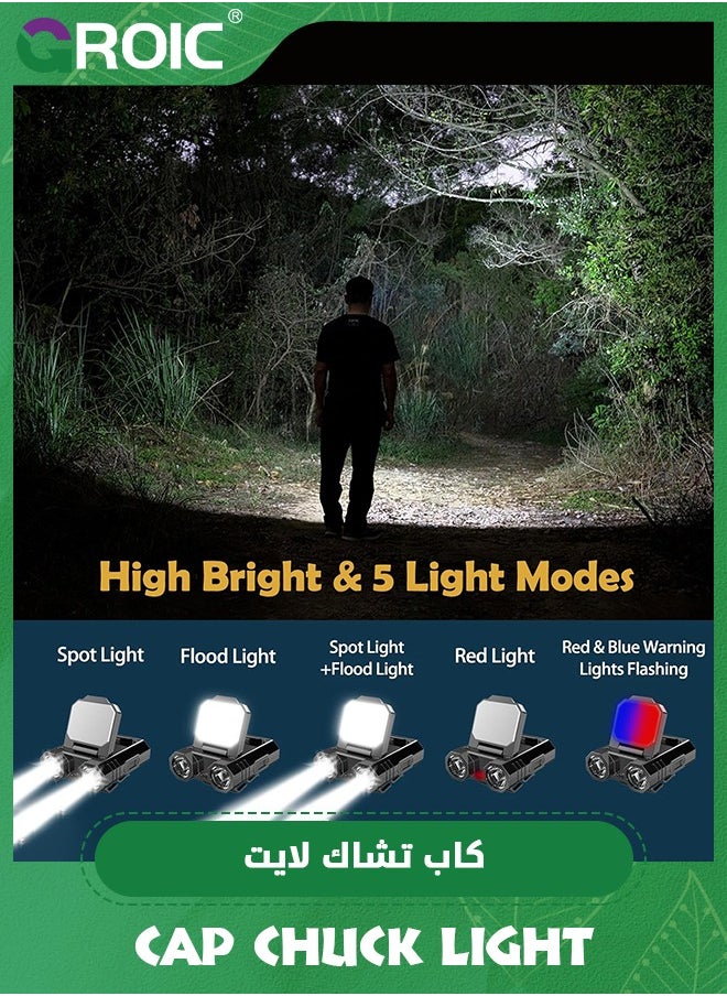 GROIC LED Headlamp, Hat Clip Light with Motion Sensor, 1400 mAh 400 Lumen Rechargeable Clip on Cap Lights, 180° Adjustable Hands Free Hat Flashlight Headlamp for Camping, Fishing, Hiking  - Image 3