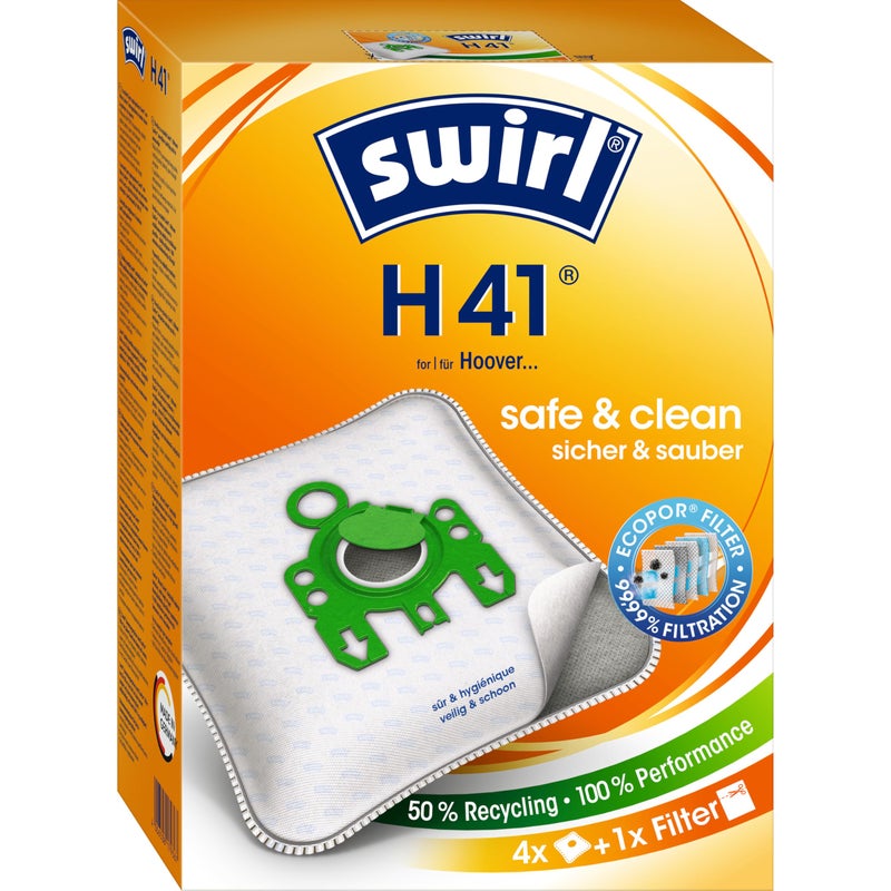 Swirl H 41 Vacuum Cleaner Bags For Hoover Vacuum Cleaners Pack of 4 Bags  1 AntiAllergen Filter
