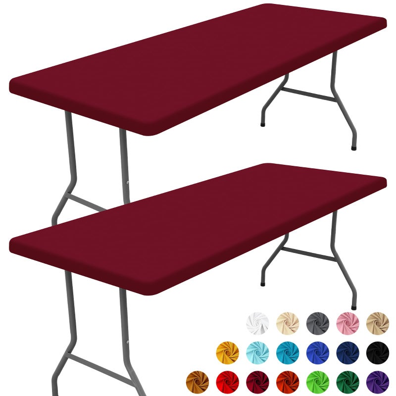 Moosfor Spandex Picnic Table Cloth 2 Pack  Elastic Fitted Tablecloths for 6 Foot Rectangle Tables  Stretch Washable Patio Table Cover for Camping  Christmas & New Year Parties (Wine Red  30""x72"") - Image 1