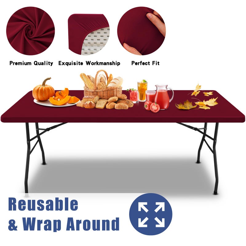 Moosfor Spandex Picnic Table Cloth 2 Pack  Elastic Fitted Tablecloths for 6 Foot Rectangle Tables  Stretch Washable Patio Table Cover for Camping  Christmas & New Year Parties (Wine Red  30""x72"") - Image 5
