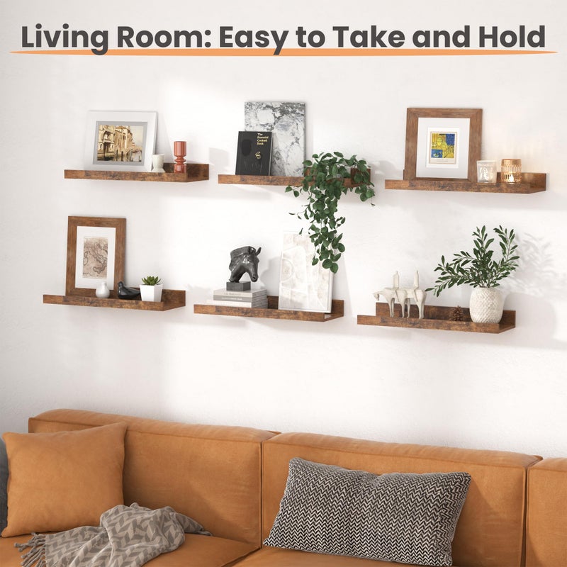 upsimples Floating Shelves for Wall, Wall Shelves for Decor Storage Set of 6, Wall Mounted Wood Shelf for Bedroom, Living Room, Bathroom, Kitchen, Picture Ledge Shelf, Brown - Image 5