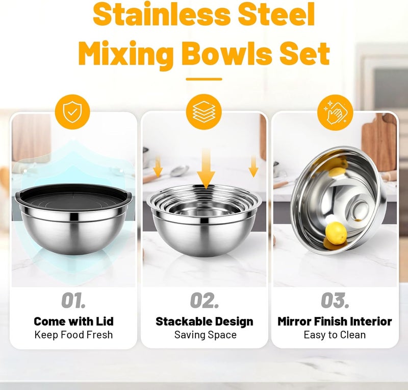 Beasea Mixing Bowls with Lids Set of 5, 1.5/2/2.5/3.4/4/5 QT Stackable Nesting Stainless Steel Bowls with Airtight Lids, for Meal Prepping, Salad, Food Serving, Baking Set for Dough, Cream, Batter - Image 3