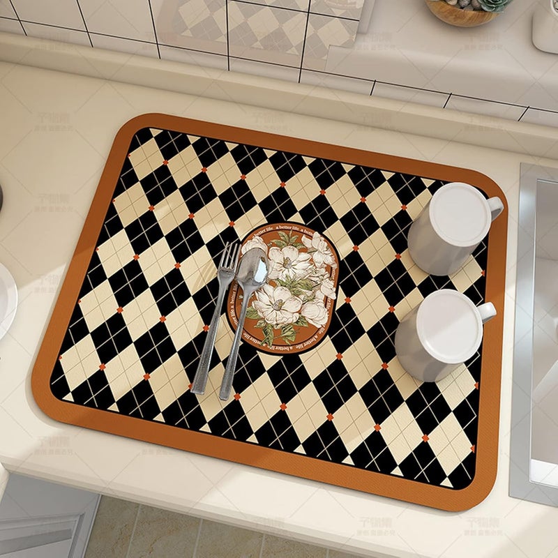 comfrt Fantasy Style Draining Mat, Absorbent Dish Draining Mat, Vintage Floral Plates Dish Drying Mat, Microfiber Heat Resistant Dishes Draining Mat Fast Dry Kitchen Accessories (E) - Image 1