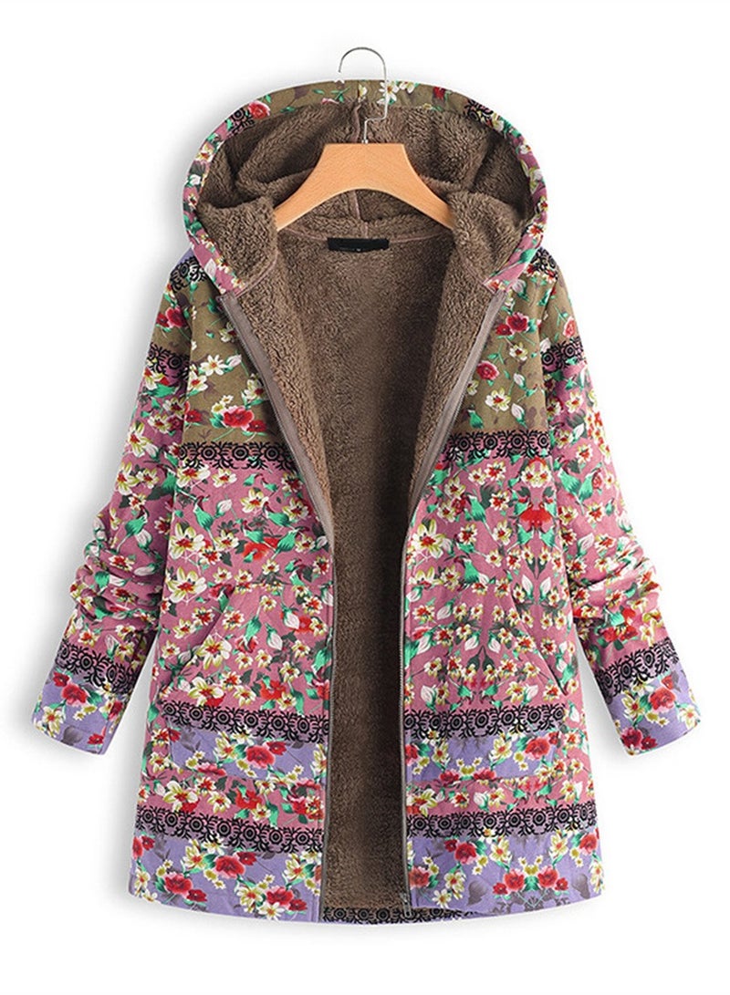 Loquat Autumn And Winter Thick Printed Women's Hooded Slim-Fit Long Warm Coat Pink  - Image 1