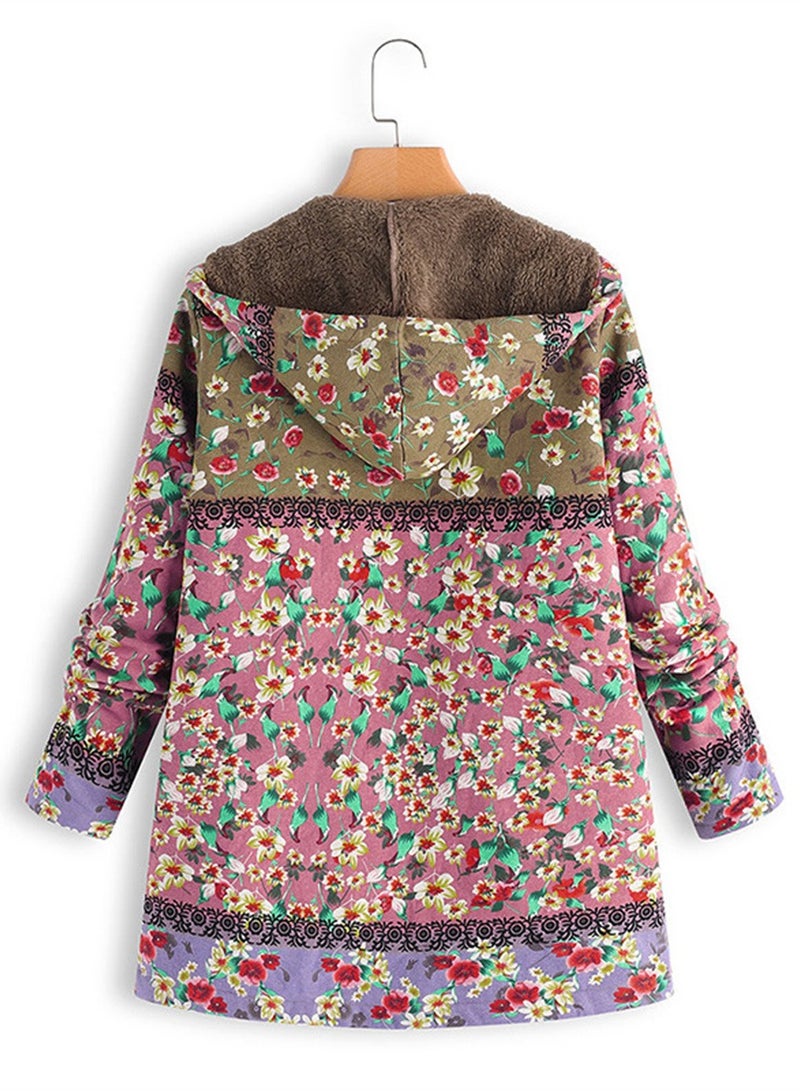 Loquat Autumn And Winter Thick Printed Women's Hooded Slim-Fit Long Warm Coat Pink  - Image 2