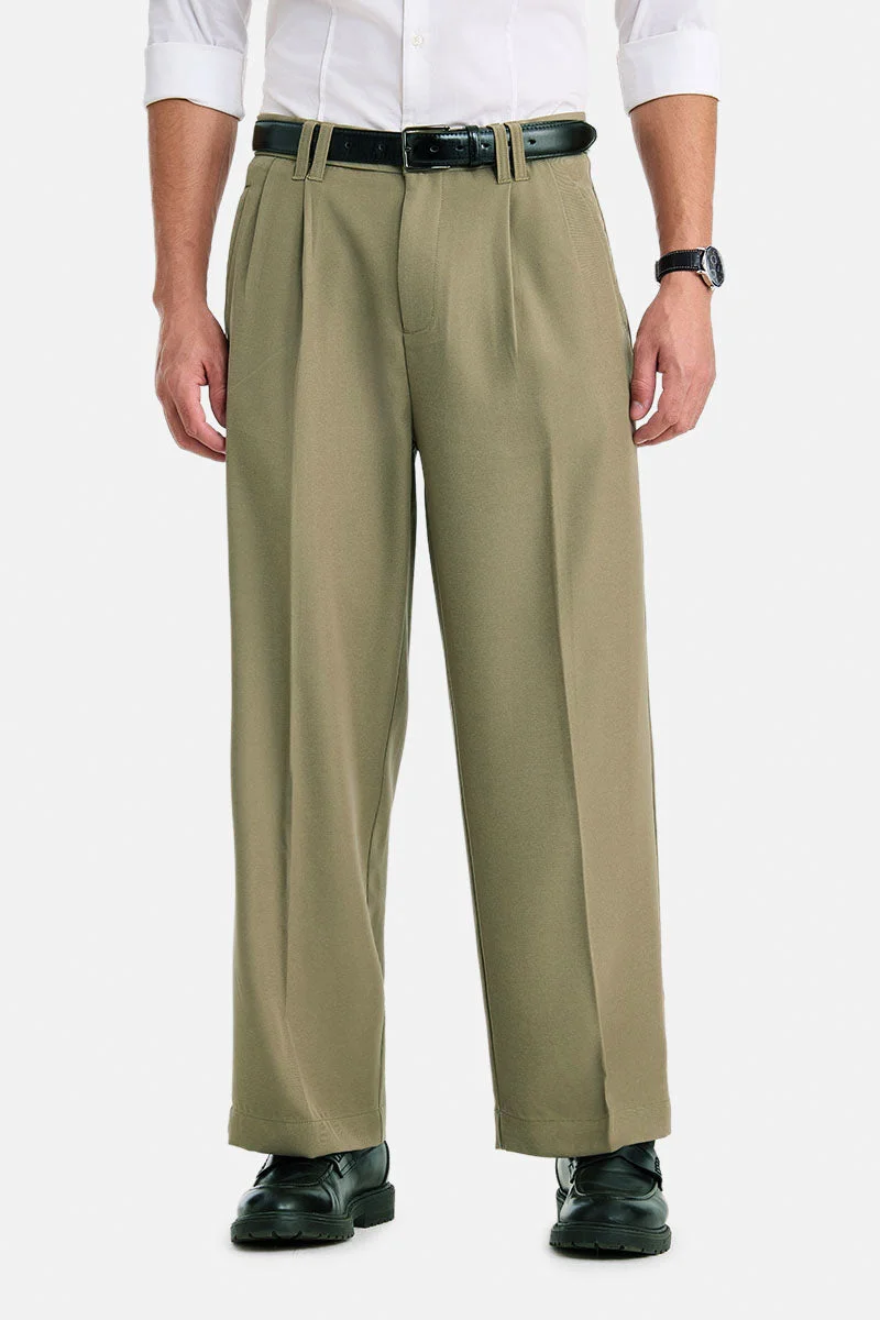 سنيتش Olive Solid Loose Fit Casual Trousers