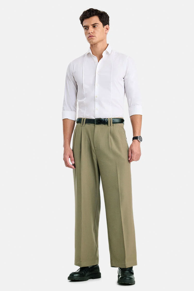 SNITCH Olive Olive Solid Loose Fit Casual Trousers for Men | Best Price UAE