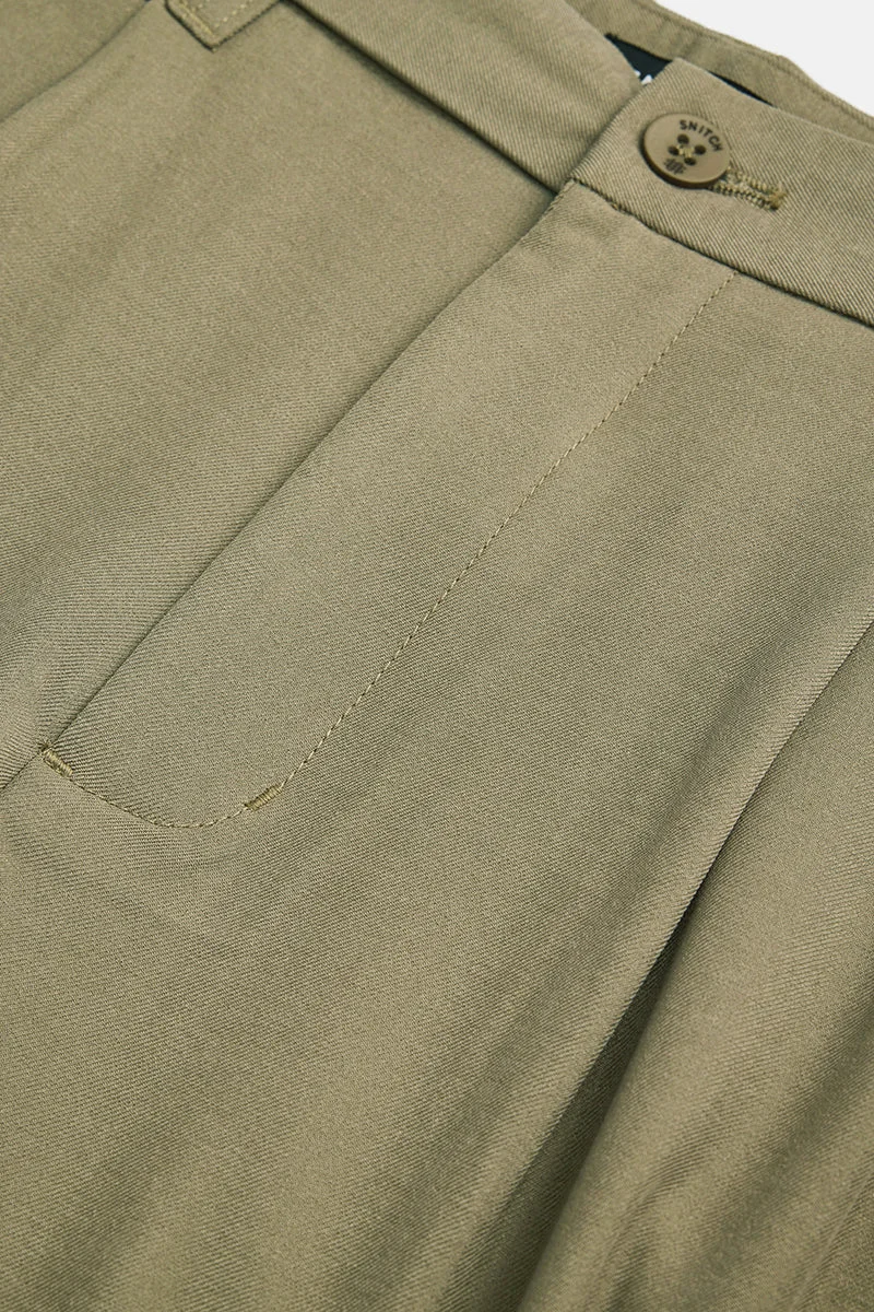 SNITCH Olive Olive Solid Loose Fit Casual Trousers for Men | Best Price UAE