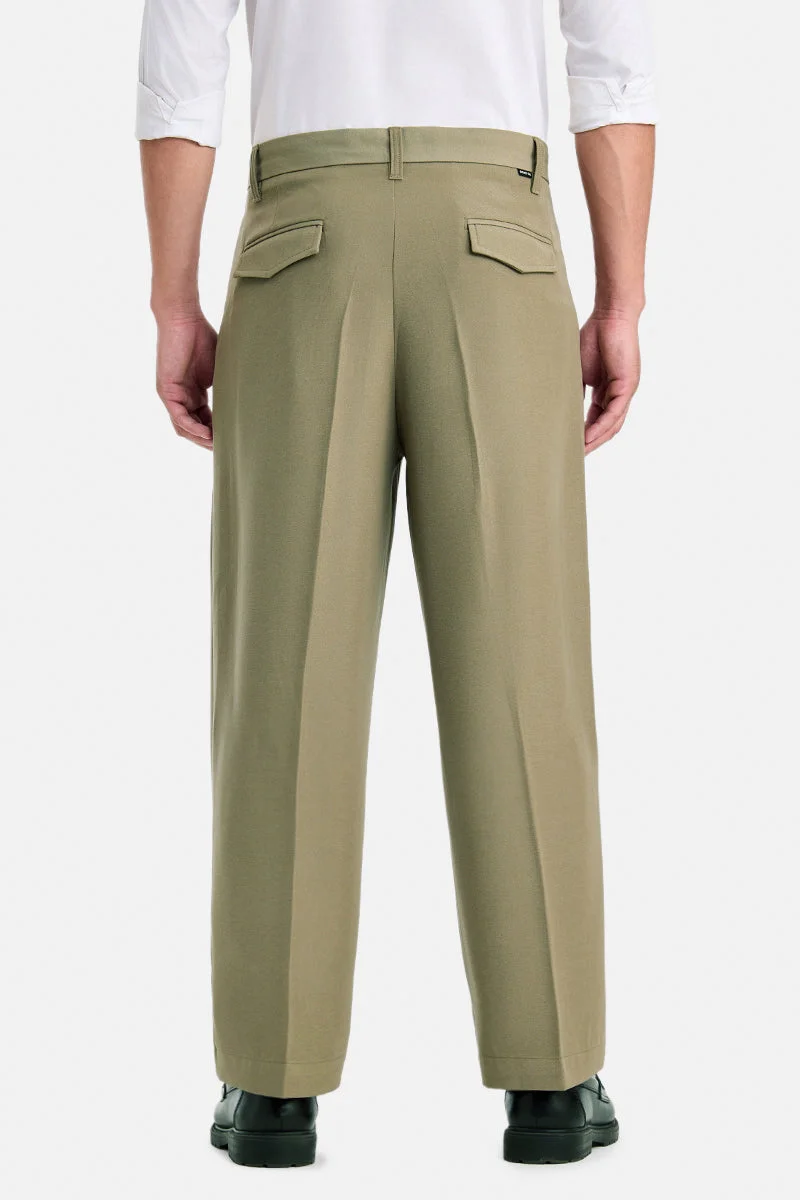 SNITCH Olive Olive Solid Loose Fit Casual Trousers for Men | Best Price UAE