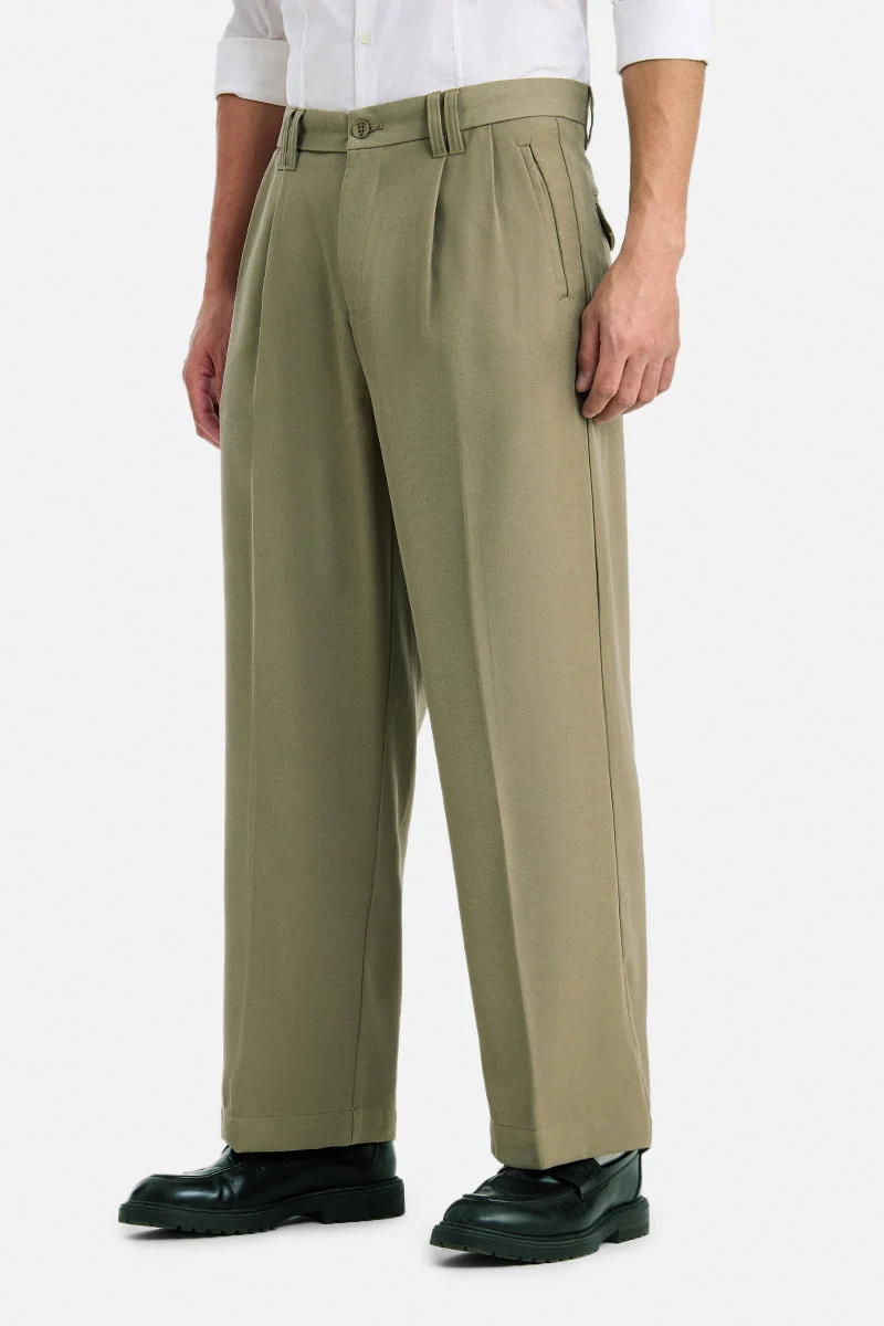 SNITCH Olive Olive Solid Loose Fit Casual Trousers for Men | Best Price UAE