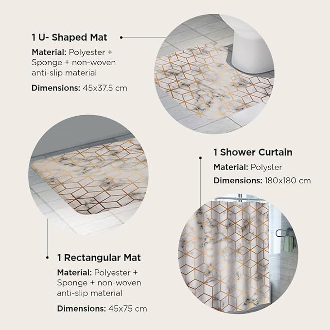 Kuber Industries Kuber Industries Shower Curtain & Bathmat Set | Non-Slip Bath mats for Bathroom | Easy-Slide Curtains | Polyester Curtain or Bathmat for Bath Décor | YF52-3T | 3 Pcs Set | Multicolor  - Image 3