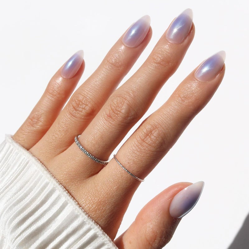 Glamnetic Press On Nails - Sky Berry | Short Almond Fake Nails with Milky White Base & Blue Aura Center in Glazed Finish, Salon Quality | 15 Sizes - 30 Nail Kit with Glue - Image 1
