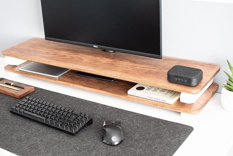 carpentray Store Wooden Monitor Stand with Storage Organizer for Desk with Wire Hole, Tables, Office, Home, Studio, Study Table | Monitor Stand Riser (White Legs, 100Cm Long) - Image 5