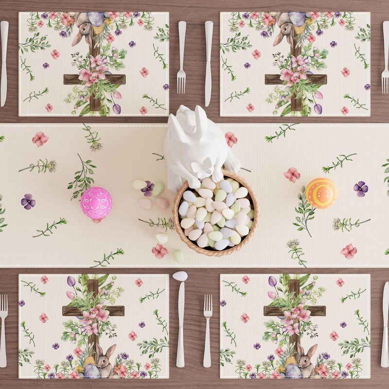 XCHI Watercolor Bunny Cross Colorful Eggs Flowers Leaves Rabbits Easter Placemats Set of 4 Table Mats for Masquerade Party Home Kitchen Dining Table Decorations 12x18 Inch - Image 4