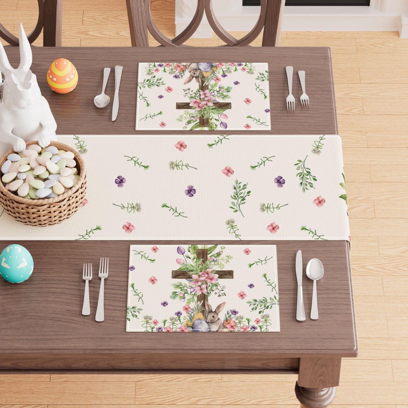 XCHI Watercolor Bunny Cross Colorful Eggs Flowers Leaves Rabbits Easter Placemats Set of 4 Table Mats for Masquerade Party Home Kitchen Dining Table Decorations 12x18 Inch - Image 3