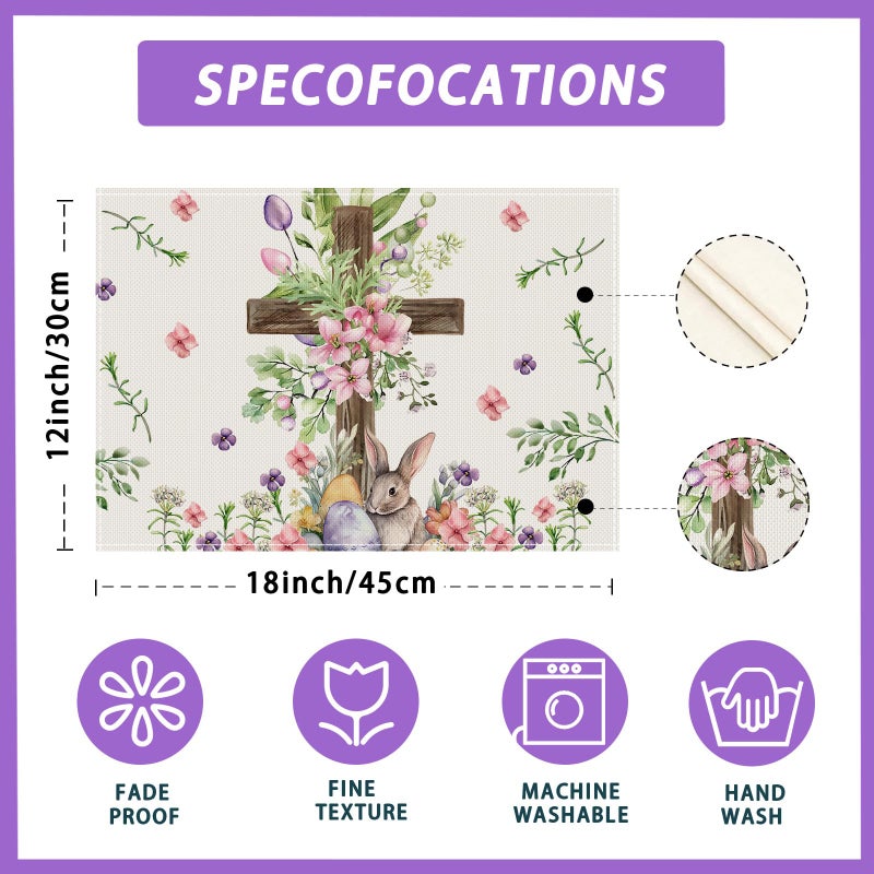 XCHI Watercolor Bunny Cross Colorful Eggs Flowers Leaves Rabbits Easter Placemats Set of 4 Table Mats for Masquerade Party Home Kitchen Dining Table Decorations 12x18 Inch - Image 5