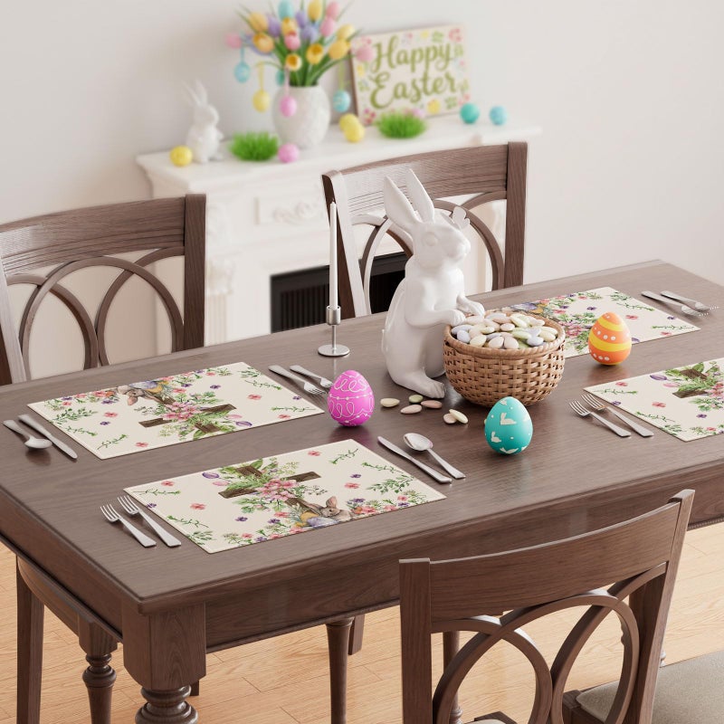 XCHI Watercolor Bunny Cross Colorful Eggs Flowers Leaves Rabbits Easter Placemats Set of 4 Table Mats for Masquerade Party Home Kitchen Dining Table Decorations 12x18 Inch - Image 2