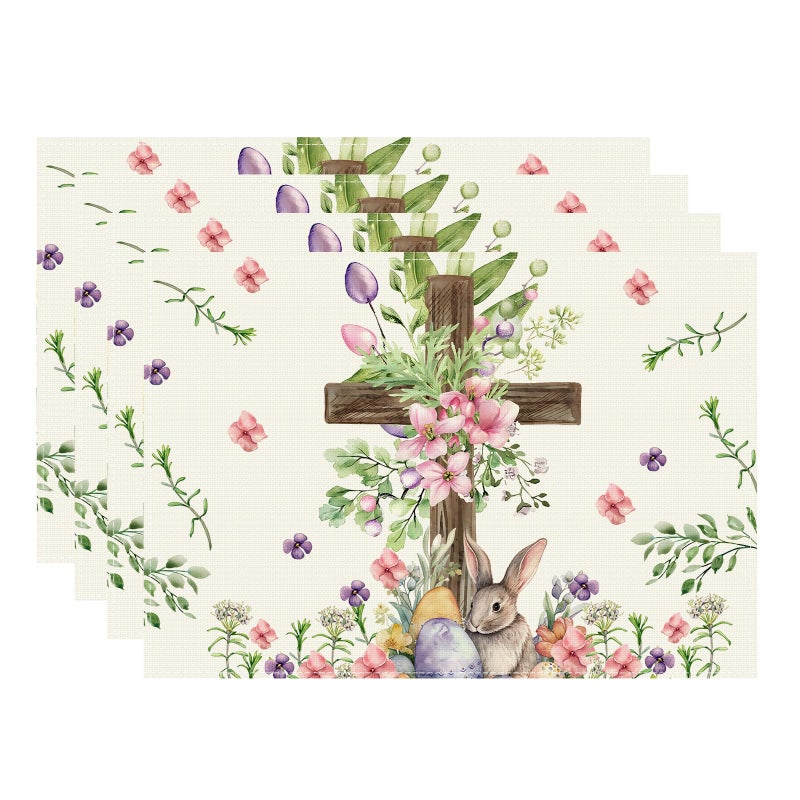 XCHI Watercolor Bunny Cross Colorful Eggs Flowers Leaves Rabbits Easter Placemats Set of 4 Table Mats for Masquerade Party Home Kitchen Dining Table Decorations 12x18 Inch - Image 1