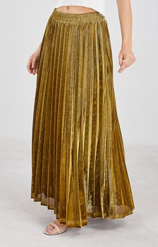 CHARTOU Women's Premium Metallic Shiny Shimmer Accordion Pleated Long Maxi Skirt (Large, Gold) - Image 3